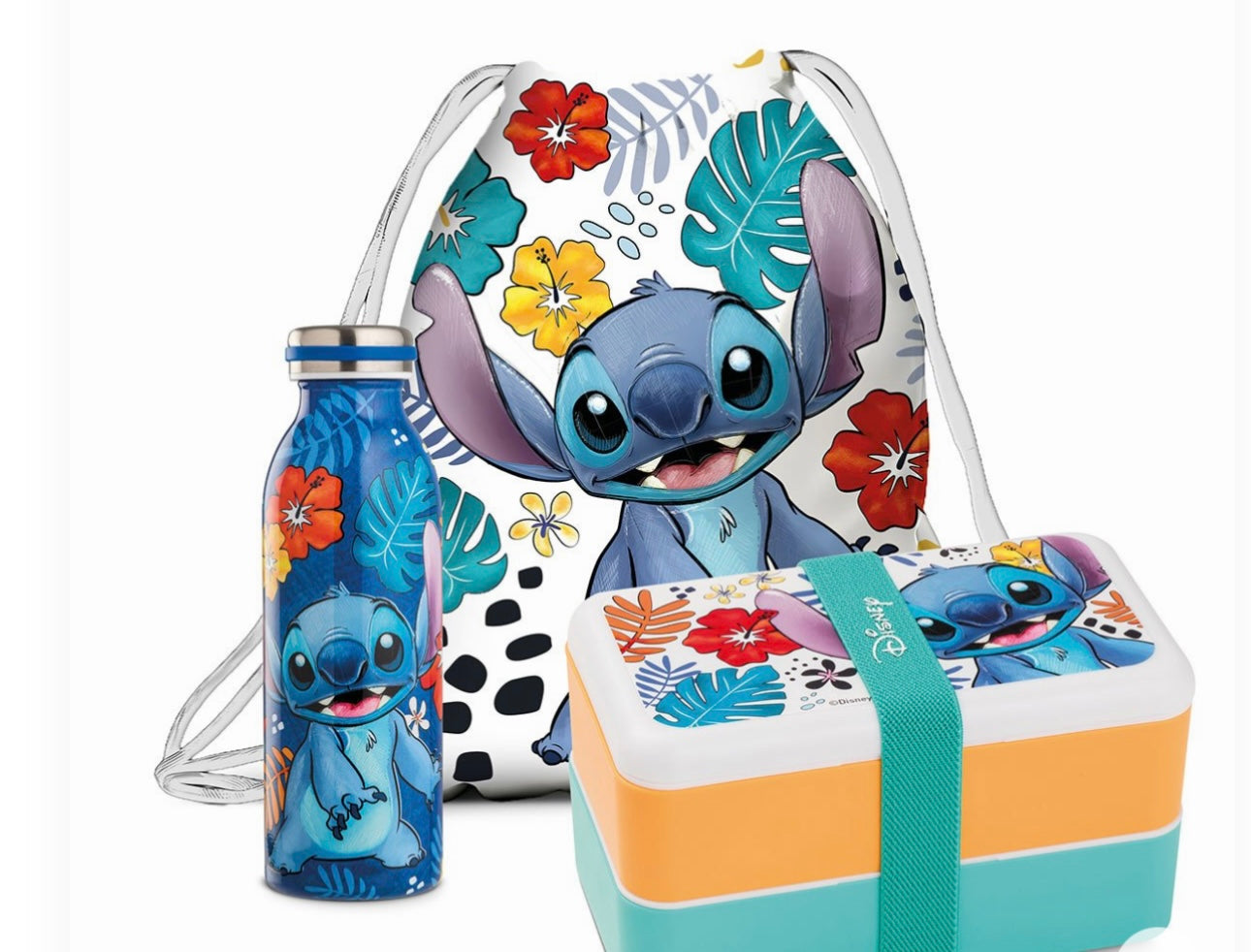 Set Lunch box + Bottiglia termica + sacca Stitch Blu