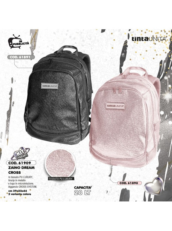 ZAINO GLITTERATO TINTA UNITA  Glamour 2025 3D Glitter Rosa o Nero con Cross System