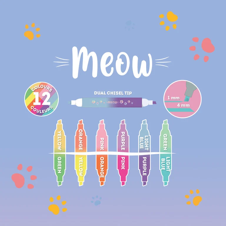 Set di 6 Evidenziatori Doppia Punta Kitty - Meow